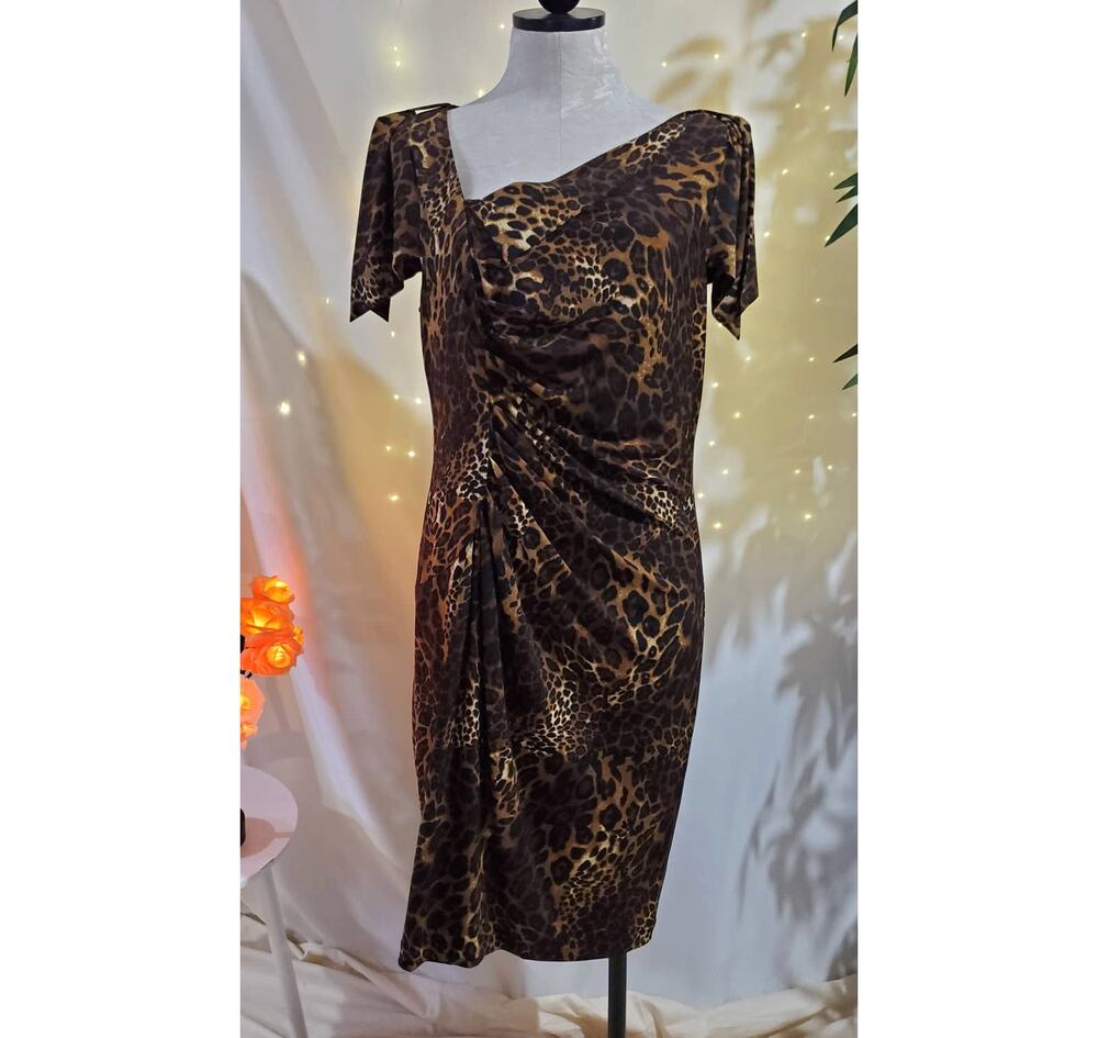 David Meister Leopard Print Side Ruched Flutter Sleeve Midi Dress Womens Size 12